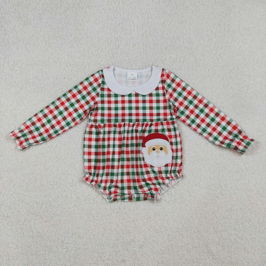 LR2357 Girls Boutique Embroidery Christmas Red Green Plaid Doll Collar Long Sleeve Bubble Romper 202510 RTS