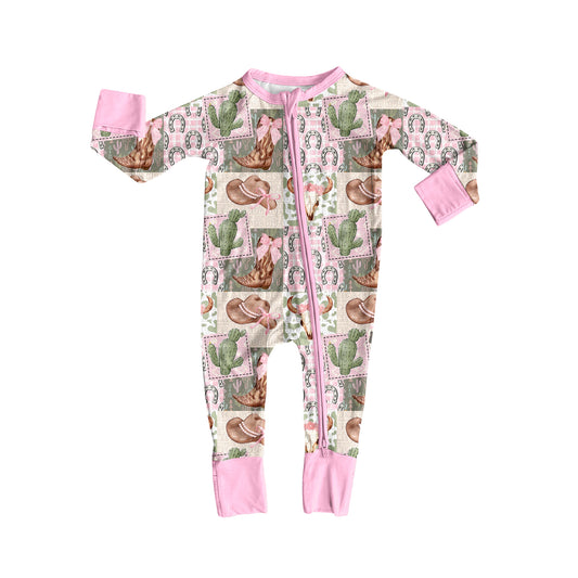 Preorder LR2359 Girls Boutique Hat Cactus Cow Girls Pink Zippy Long Sleeve Romper 202506