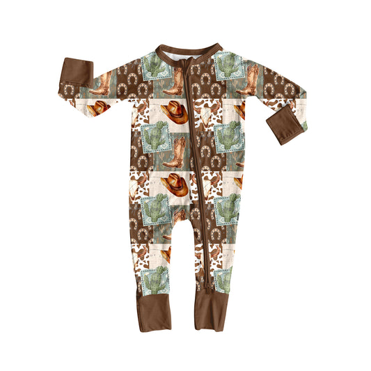 Preorder LR2360 Boys Boutique Hat Cactus Cow Bow Brown Zippy Long Sleeve Romper 202506