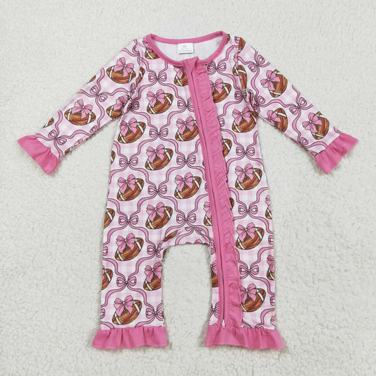 LR2361 Girls Boutique Rugby Bow Pink Plaid Ruffle Zippy Long Sleeve Romper 202508 RTS