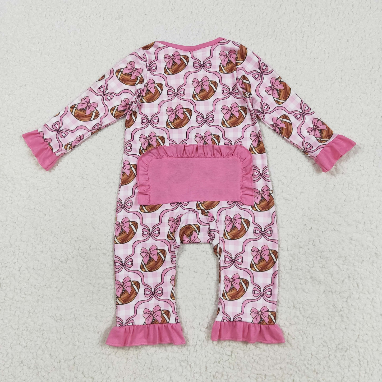 LR2361 Girls Boutique Rugby Bow Pink Plaid Ruffle Zippy Long Sleeve Romper 202508 RTS