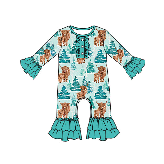 Preorder LR2363 Girls Boutique Alpine Bullhead Pine Button Green Ruffle Long Sleeve Romper 202506