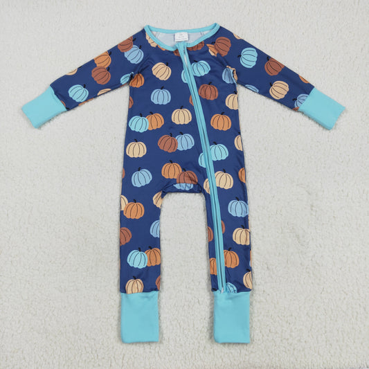 LR2364 Boys Boutique Halloween Pumpkin Blue Zippy Long Sleeve Romper 202507 RTS