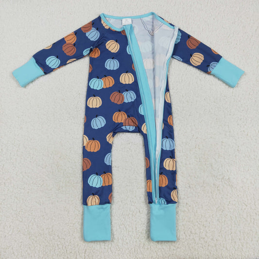 LR2364 Boys Boutique Halloween Pumpkin Blue Zippy Long Sleeve Romper 202507 RTS