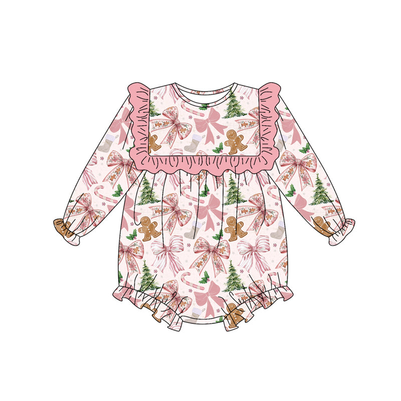 Preorder LR2367 Girls Boutique Christmas Gingerbread Man Bows Pink Ruffle Long Sleeve Bubble Romper 202506