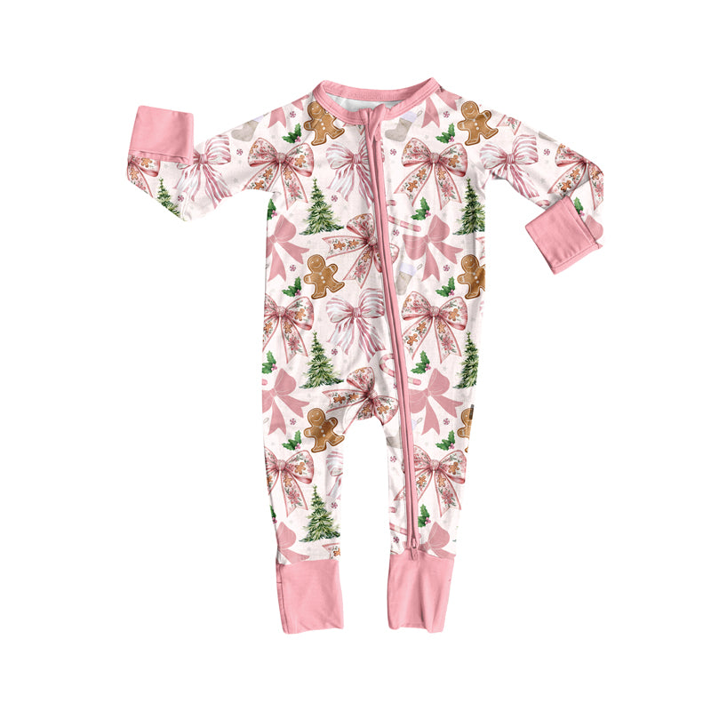 Preorder LR2368 Girls Boutique Christmas Gingerbread Man Bows Pink Zippy Long Sleeve Romper 202506