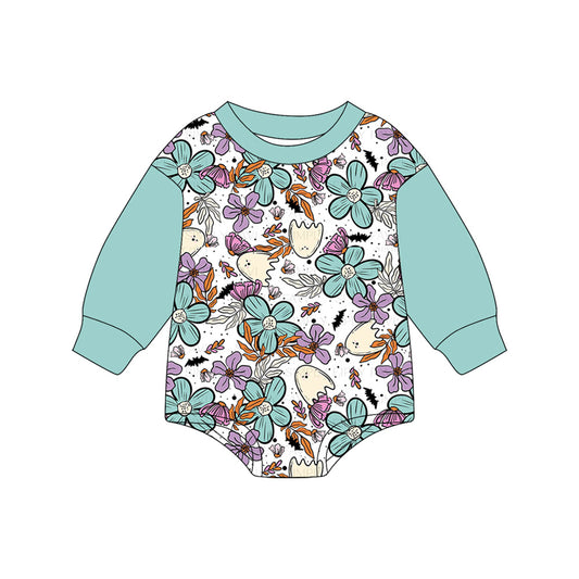 Preorder LR2371 Girls Boutique Halloween Ghost Flower Teal Long Sleeve Bubble Romper 202506