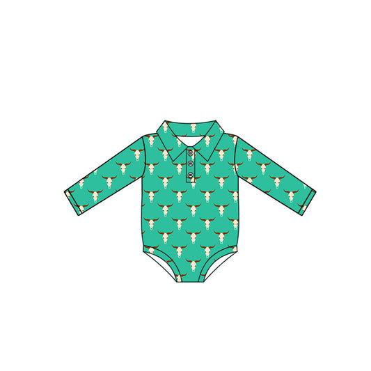 Preorder LR2378 Girls Boutique Alpine Bull Head Buttons Green Polo Long Sleeve Bubble Romper 202506