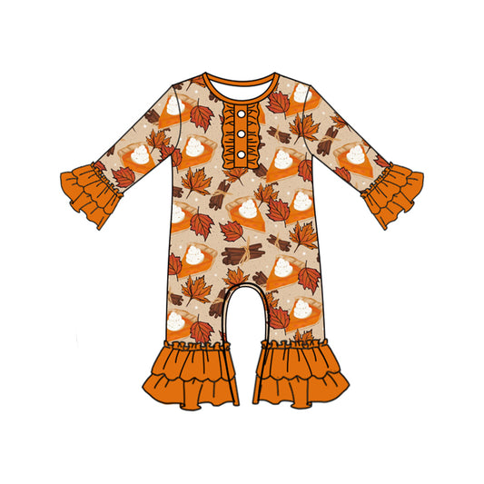 Preorder LR2379 Girls Boutique Autumn Leaf Cake Orange Ruffle Long Sleeve Romper 202506