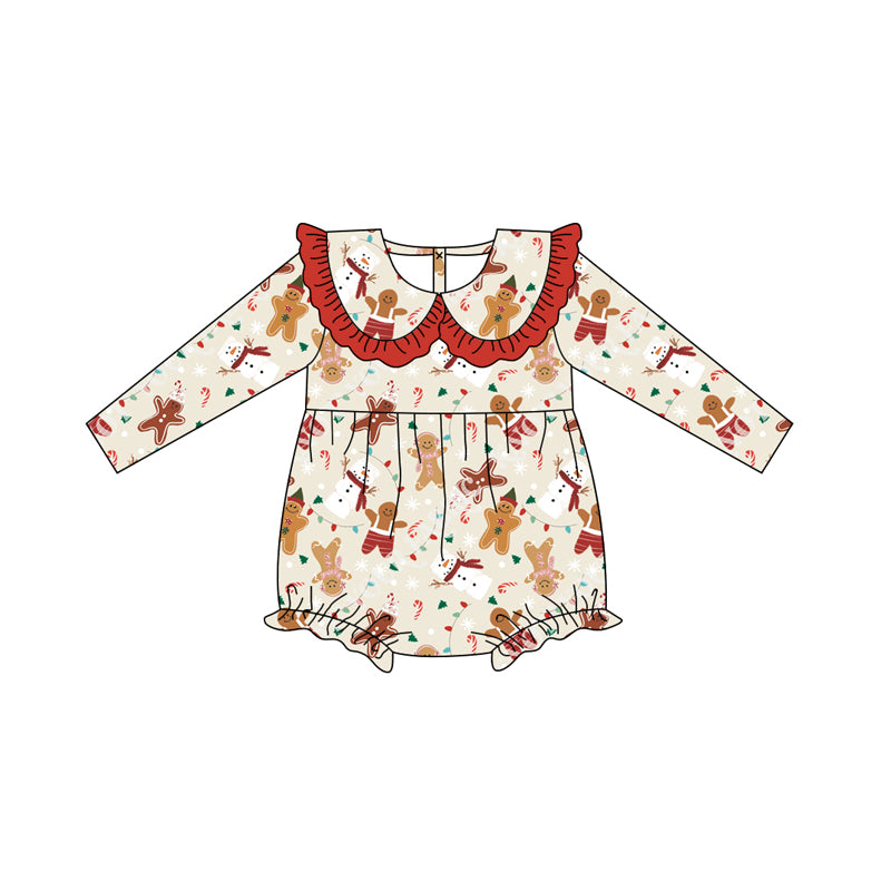 Preorder LR2380 Girls Boutique Gingerbread Snowman Red Ruffle Long Sleeve Bubble Romper 202506