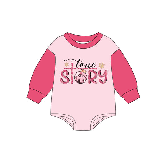 Preorder LR2381 Girls Boutique story Jesus Christmas Pink Long Sleeve Bubble Romper 202506