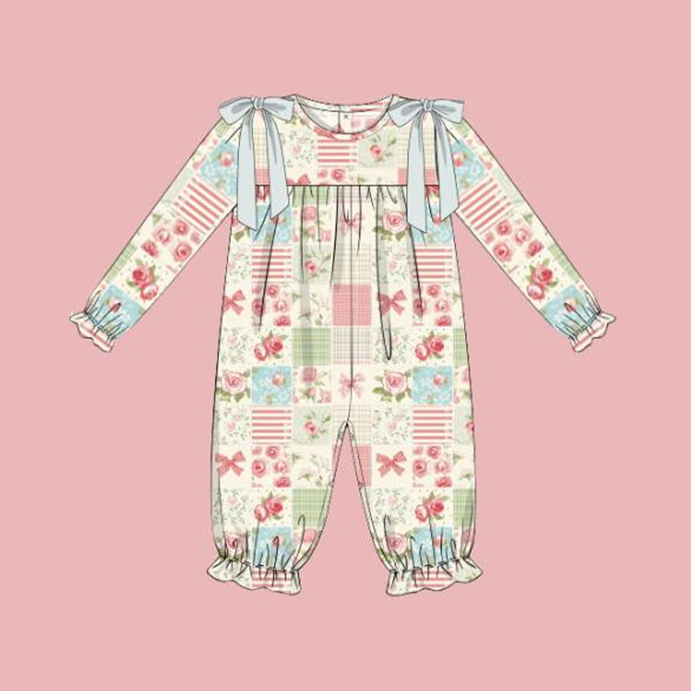 Preorder LR2385 Sweeter Girls Boutique Flower Plaid Ruffle Long Sleeve Romper 202507