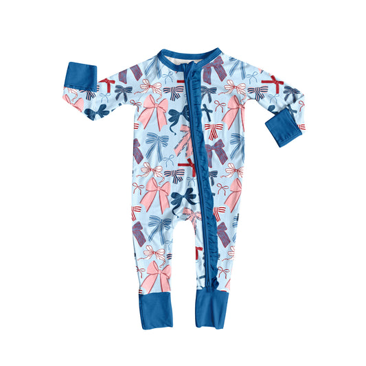 Preorder LR2390 Girls Bows Blue Zippy Long Sleeve Romper 202507