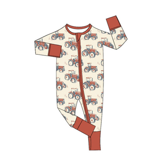 Preorder LR2392 Boys Trucks Pattern Orange Brown Zippy Long Sleeve Romper 202507