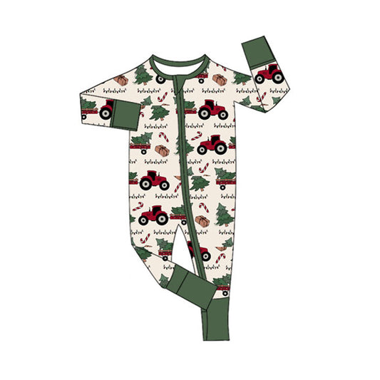 Preorder LR2393 Boys Christmas Tree Green Zippy Long Sleeve Romper 202507