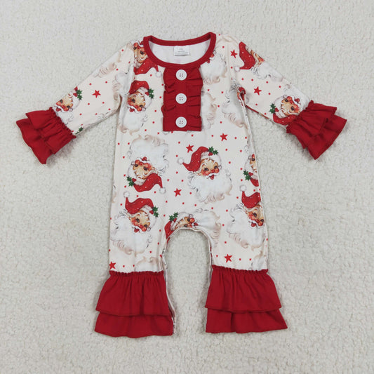 LR2395 Girls Christmas Santa Claus Red Ruffle Long Sleeve Romper 202508 RTS