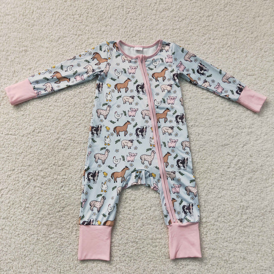 LR2401 Farm Animals Girls Pink Zippy Long Sleeve Romper 202607 RTS