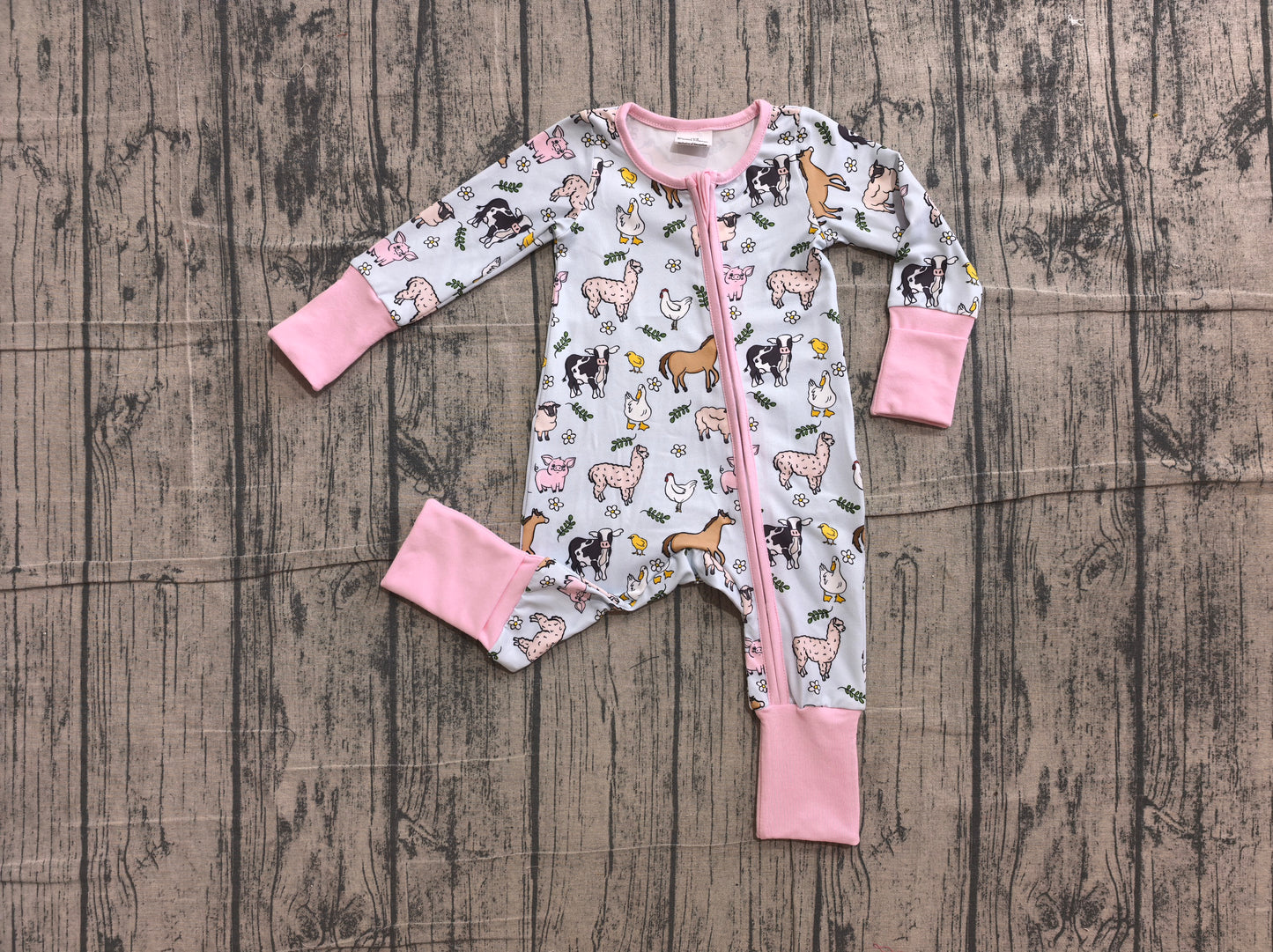 NO MOQ Preorder LR2401 Farm Animals Girls Pink Zippy Long Sleeve Romper 202606