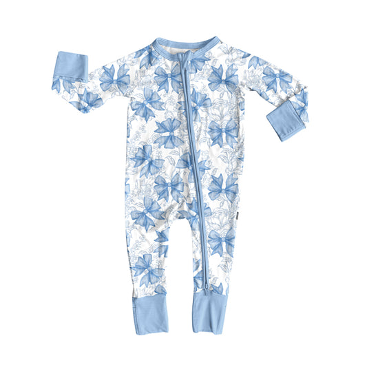 Preorder LR2402 Bows Pattern Girls Blue White Zippy Long Sleeve Romper 202507
