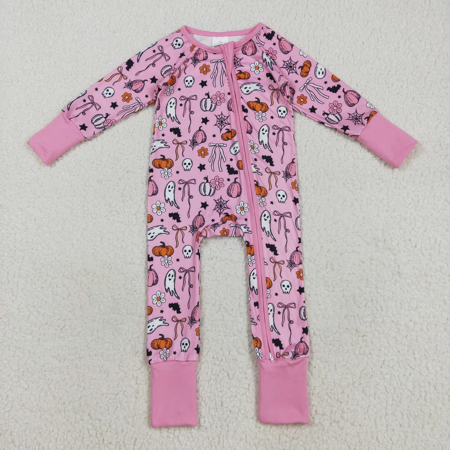 LR2405 Halloween Ghost Pumpkin Girls Pink Zippy Long Sleeve Romper 202508 RTS