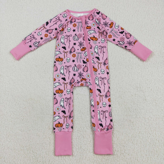 LR2405 Halloween Ghost Pumpkin Girls Pink Zippy Long Sleeve Romper 202508 RTS