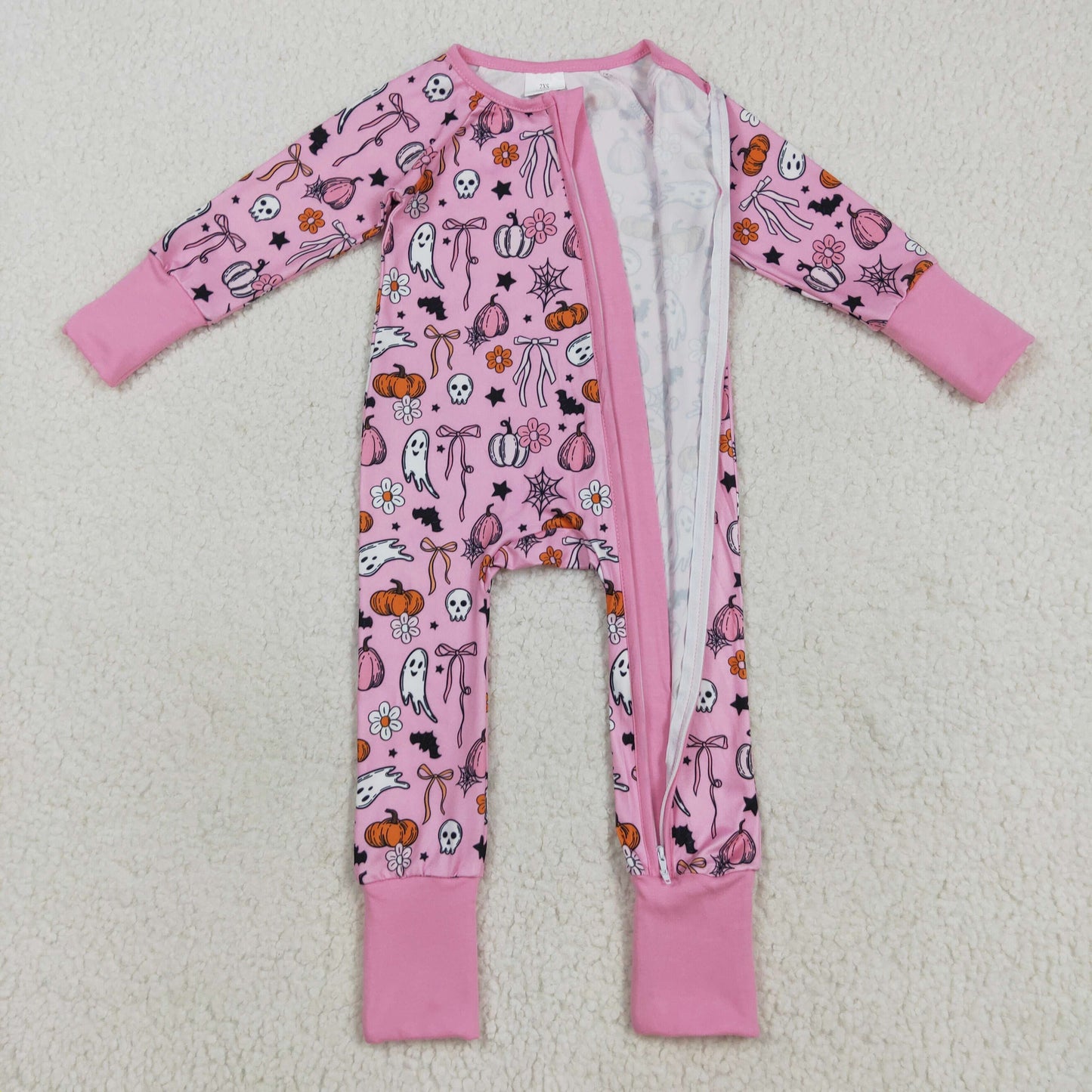 LR2405 Halloween Ghost Pumpkin Girls Pink Zippy Long Sleeve Romper 202508 RTS