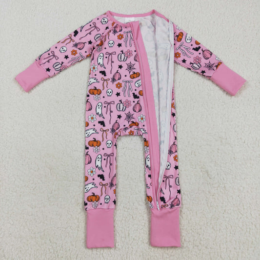 LR2405 Halloween Ghost Pumpkin Girls Pink Zippy Long Sleeve Romper 202508 RTS