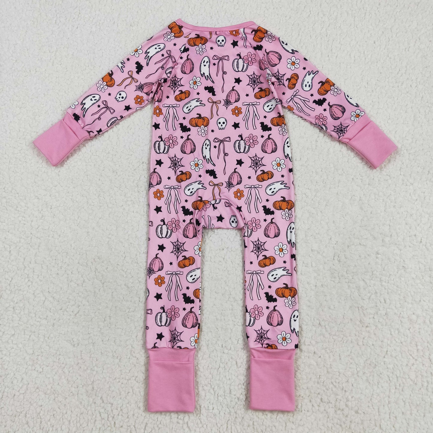 LR2405 Halloween Ghost Pumpkin Girls Pink Zippy Long Sleeve Romper 202508 RTS
