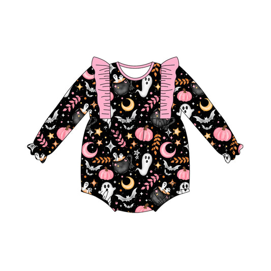 Preorder LR2406 Halloween Ghost Pumpkin Girls Pink Ruffle Black Long Sleeve Bubble Romper 202507