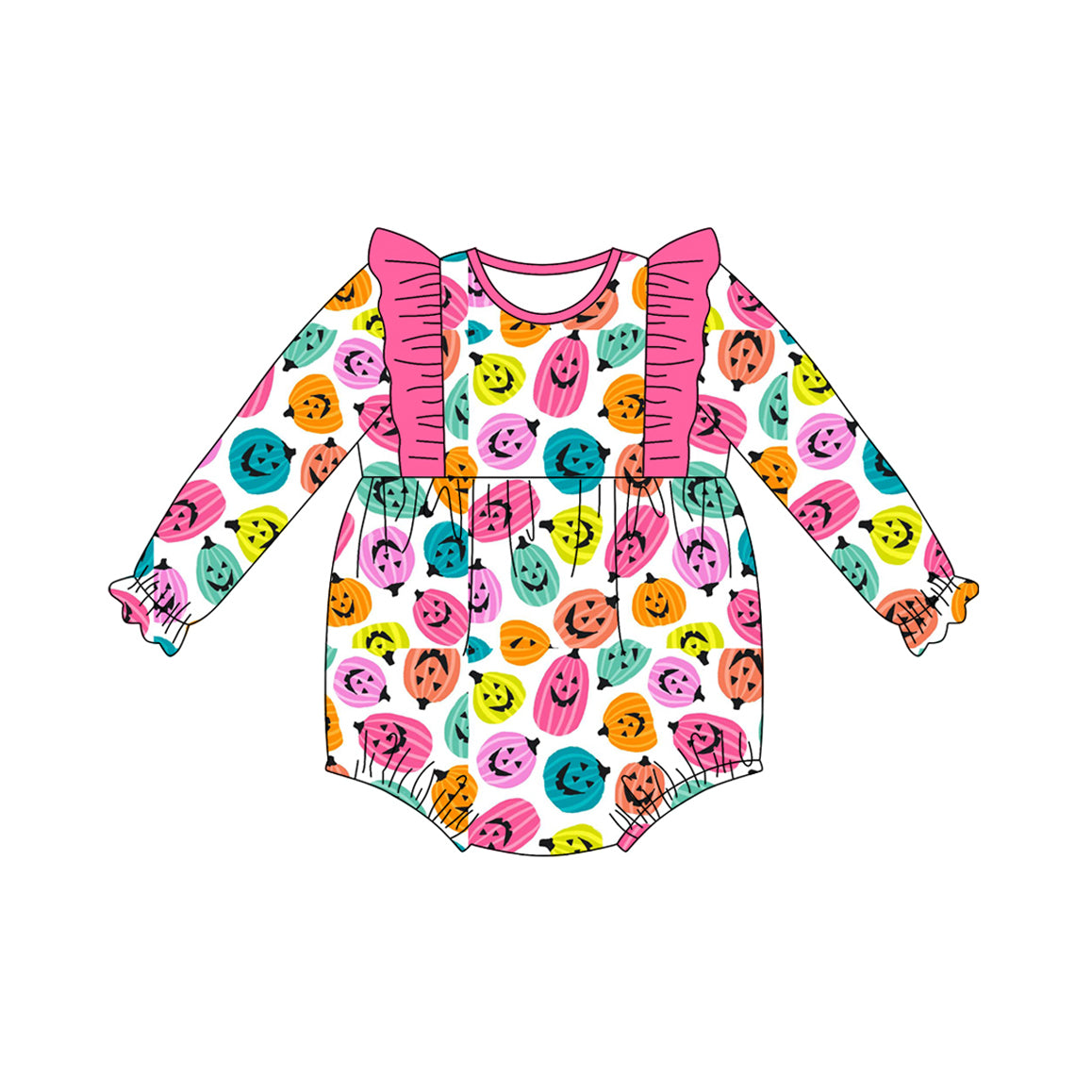 Preorder LR2407 Halloween Pumpkin Girls Pink Ruffle Long Sleeve Bubble Romper 202507