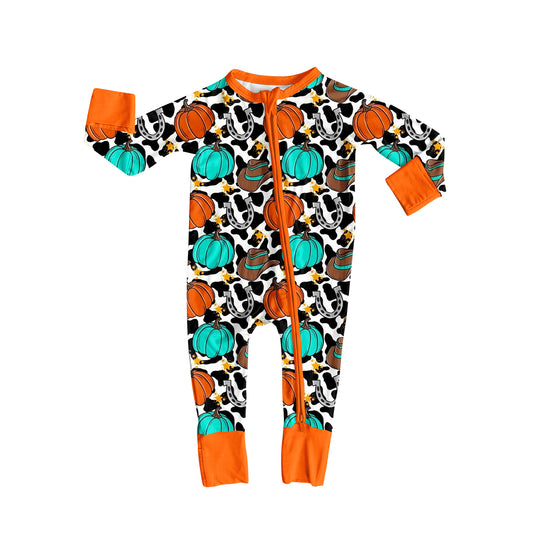 Preorder LR2408 Girls Boutique Cowboy Hat Pumpkin Cow Pattern Zipper Long Sleeve Romper 202507