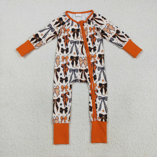 LR2409 Girls Boutique Bows Orange Zipper Long Sleeve Romper 202508 RTS