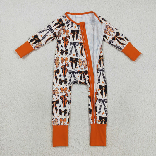 LR2409 Girls Boutique Bows Orange Zipper Long Sleeve Romper 202508 RTS