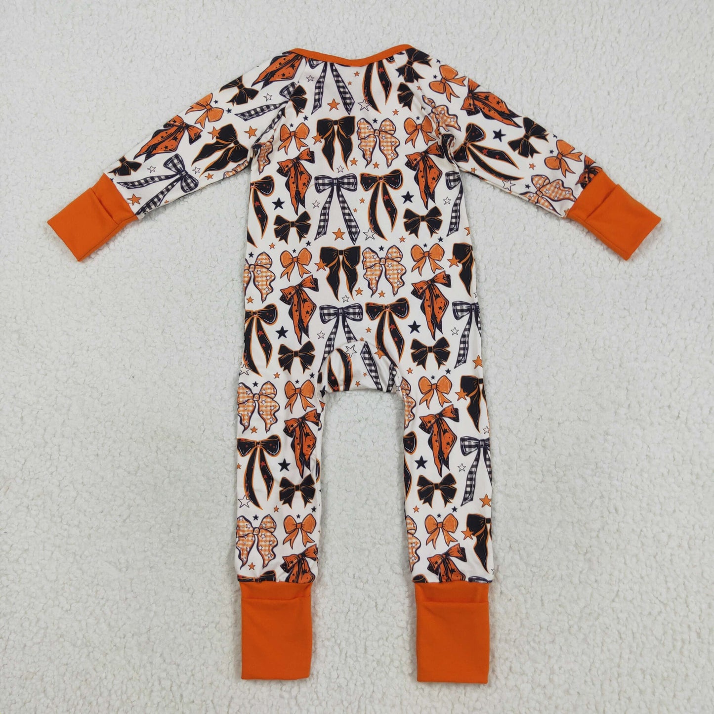 LR2409 Girls Boutique Bows Orange Zipper Long Sleeve Romper 202508 RTS