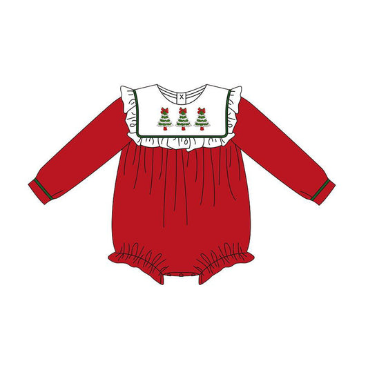 Preorder LR2410 Girls Boutique Santa Tree Ruffle Red Long Sleeve Bubble Romper 202507