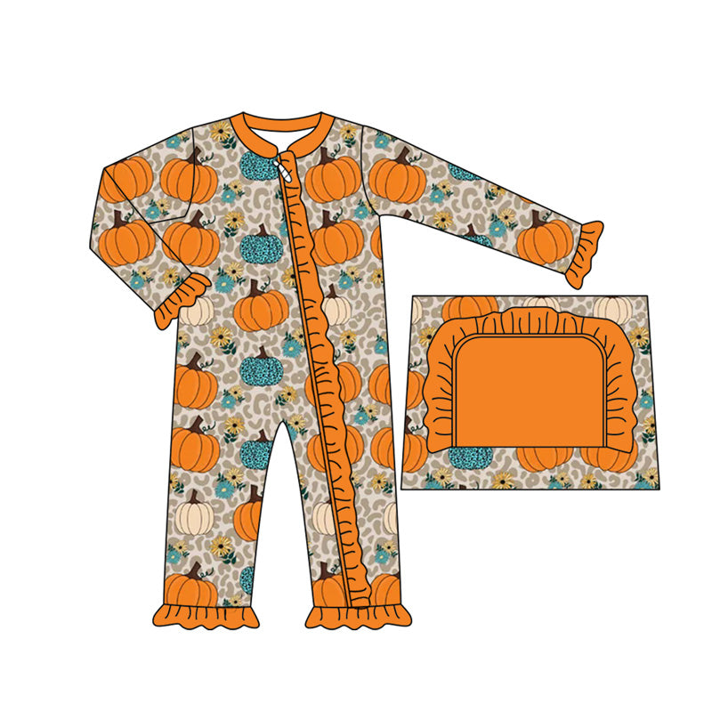 Preorder LR2413 Girls Boutique Pumpkin Flower Leopard Orange Ruffle Long Sleeve Romper 202507