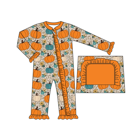Preorder LR2413 Girls Boutique Pumpkin Flower Leopard Orange Ruffle Long Sleeve Romper 202507