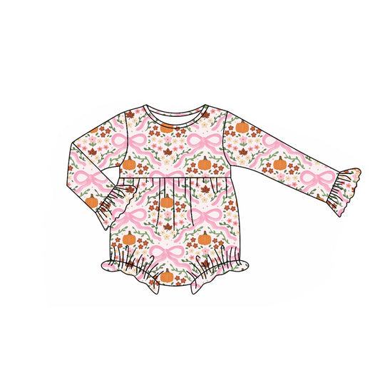 Preorder LR2414 Girls Boutique Pumpkin Flower Bows Pink Ruffle Long Sleeve Bubble Romper 202507