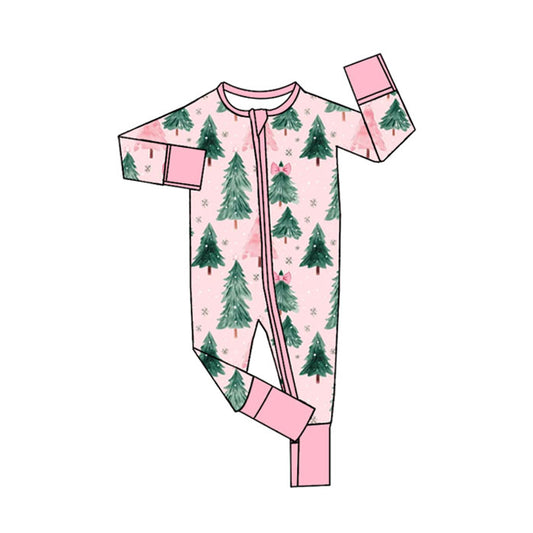 Preorder LR2415 Girls Boutique Christmas Tree Bows Pink Zippy Long Sleeve Romper 202507