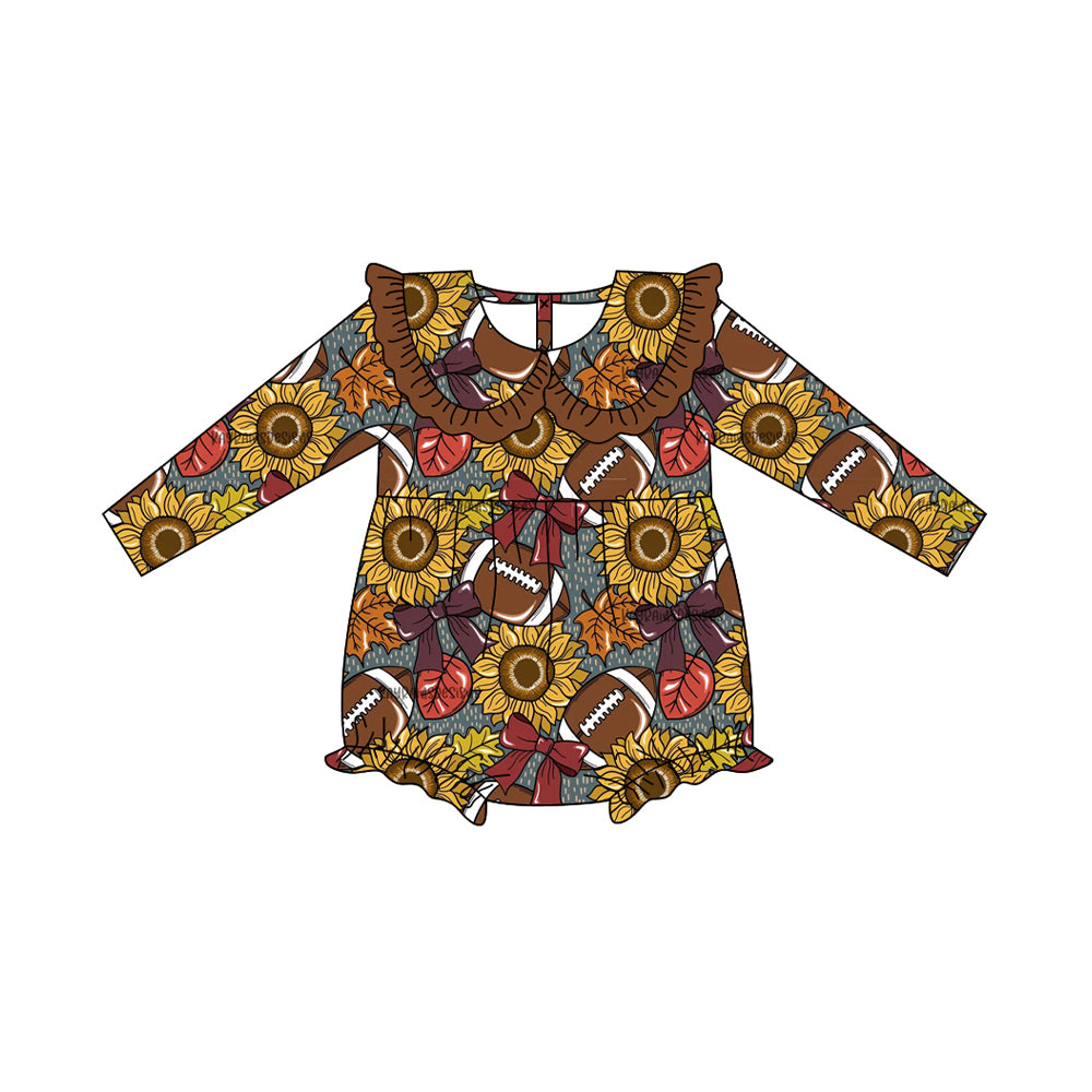 Preorder LR2416 Girls Boutique Rugby Sunflower Bow Brown Ruffle Long Sleeve Bubble Romper 202507