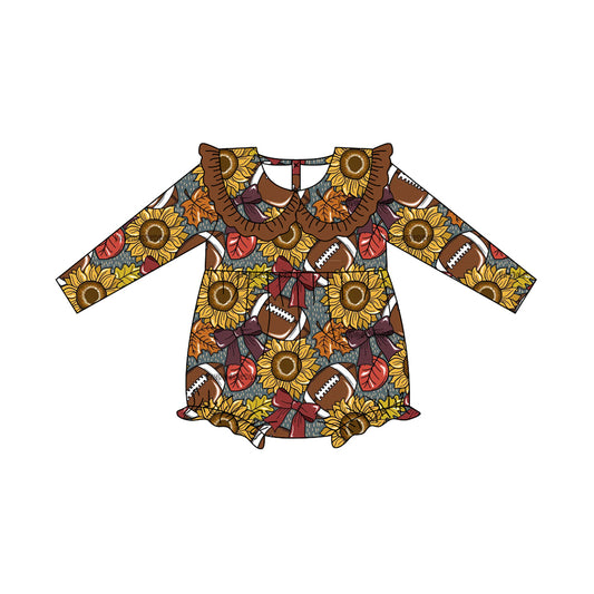 Preorder LR2416 Girls Boutique Rugby Sunflower Bow Brown Ruffle Long Sleeve Bubble Romper 202507