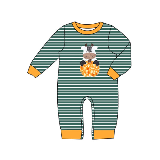 Preorder LR2418 Boys Boutique Pumpkin Cow Stripe Green Long Sleeve Romper 202507