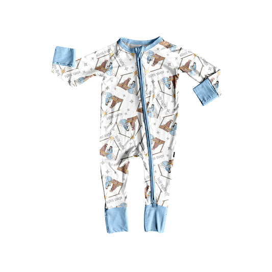 Preorder LR2419 Boys Boutique Christmas Jesus Blue White Zippy Long Sleeve Romper 202507