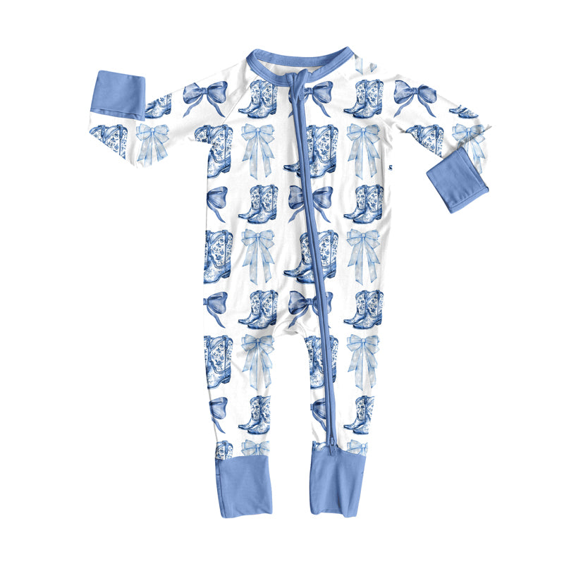 Preorder LR2420 Bow Boots Blue Zippy Long Sleeve Girls Romper 202507