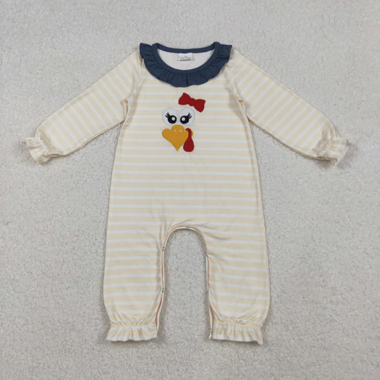 LR2424 Sibling Embroidered Turkey Stripe Ruffle Blue O-Neck Beige Long Sleeve Girls Romper 202510 RTS