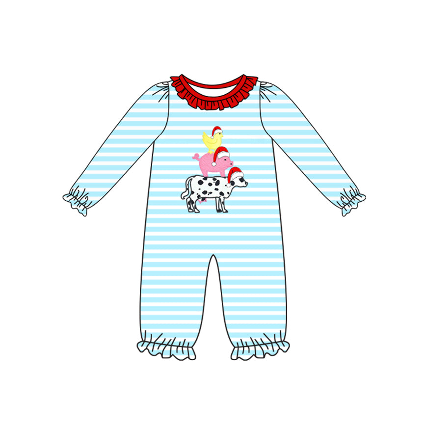 Preorder LR2428 Sibling Christmas Farm Animals Blue Stripe Red Ruffle Long Sleeve Girls Romper 202507