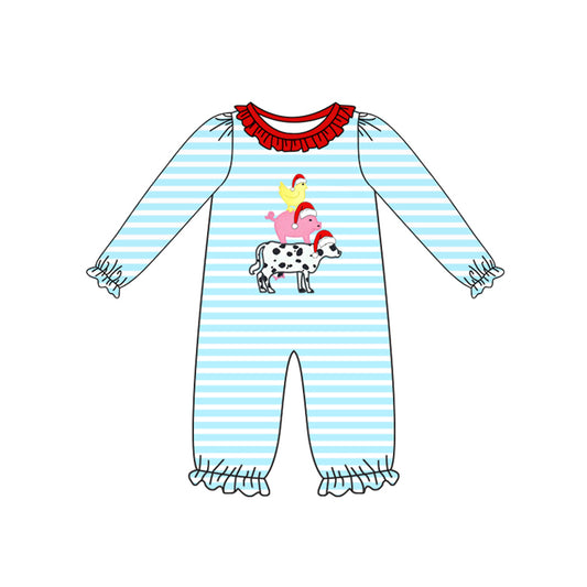 Preorder LR2428 Sibling Christmas Farm Animals Blue Stripe Red Ruffle Long Sleeve Girls Romper 202507