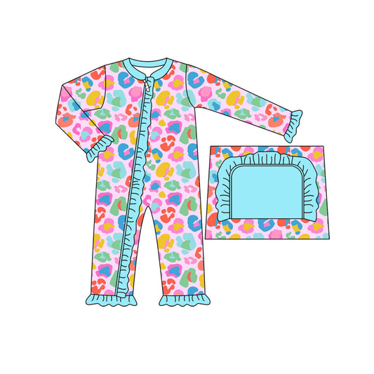 Preorder LR2431 Colored Leopard Blue Ruffle Zippy Long Sleeve Girls Romper 202507