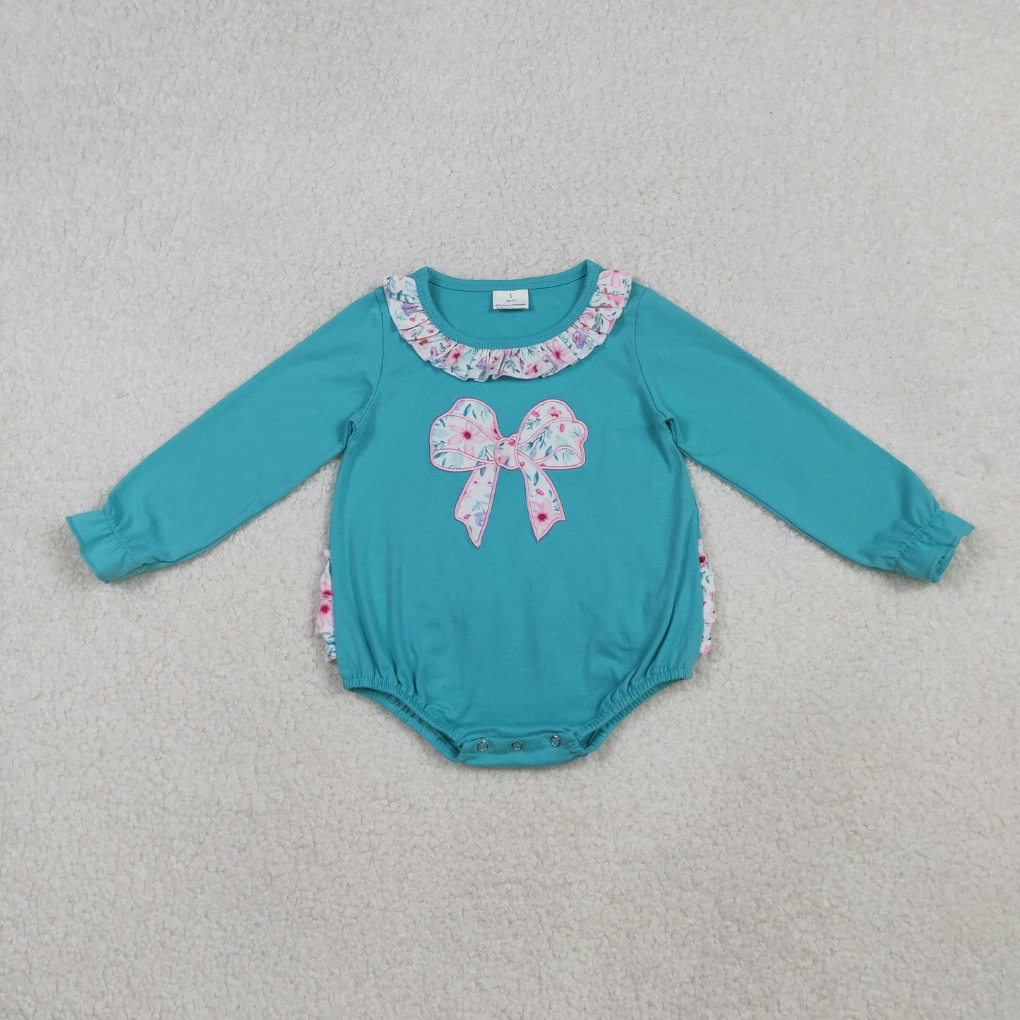 LR2432 Embroidered Floral Bow Ruffle Blue Long Sleeve Girls Bubble Romper 202510 RTS