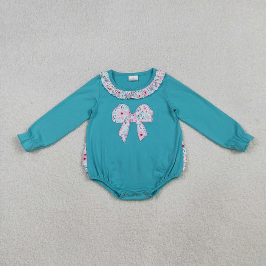 LR2432 Embroidered Floral Bow Ruffle Blue Long Sleeve Girls Bubble Romper 202510 RTS